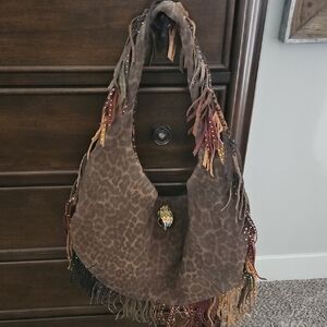 Kurt Geiger Brown Leopard-Print Fringe Hobo Bag